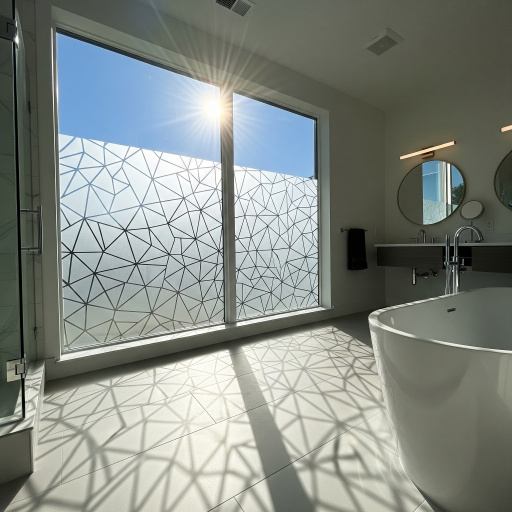 Frosted decorative window film on a bathroom window for privacy