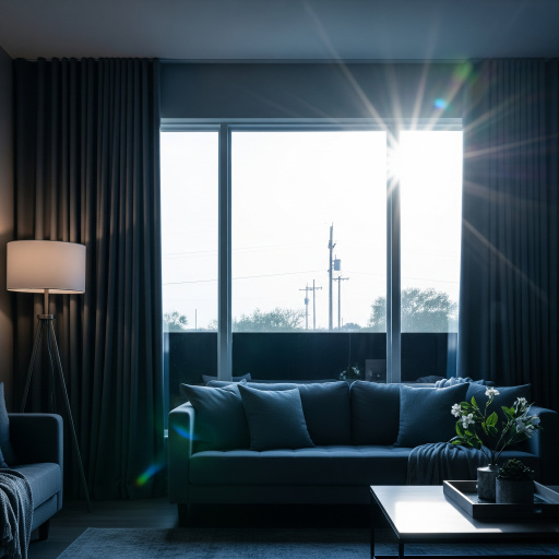 Sunlight reflecting off a solar control window tint on a living room window