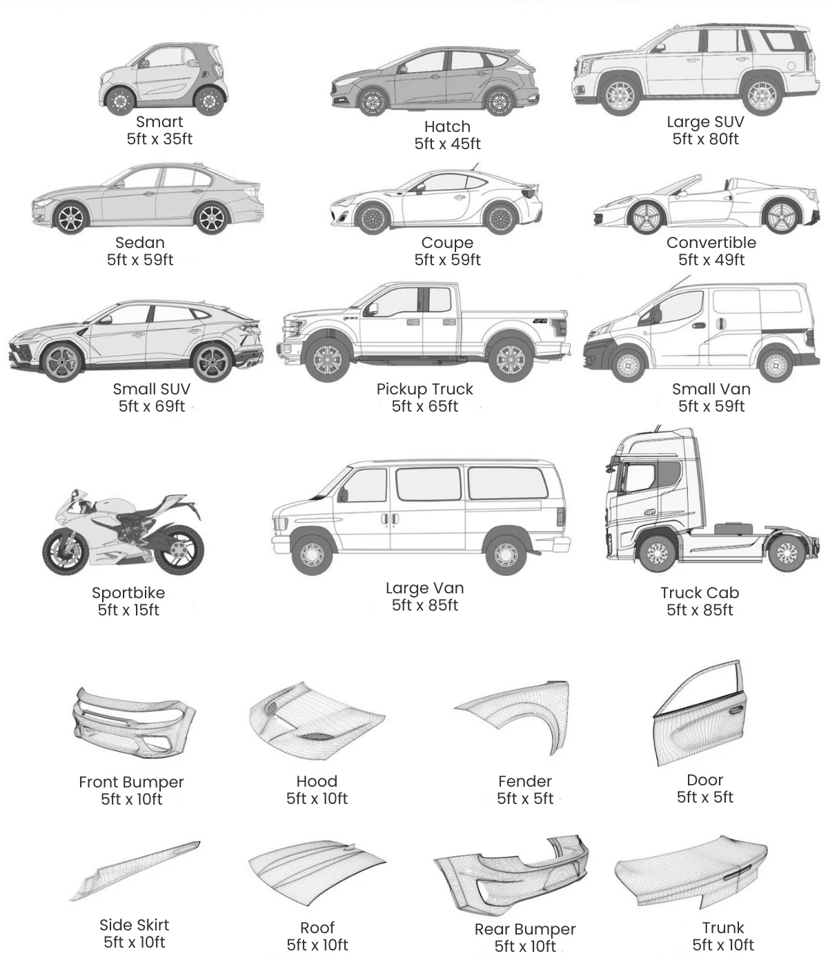 Diagram showing vinyl wrap dimensions for various vehicles including cars, trucks, vans, and individual panels like hoods and doors.